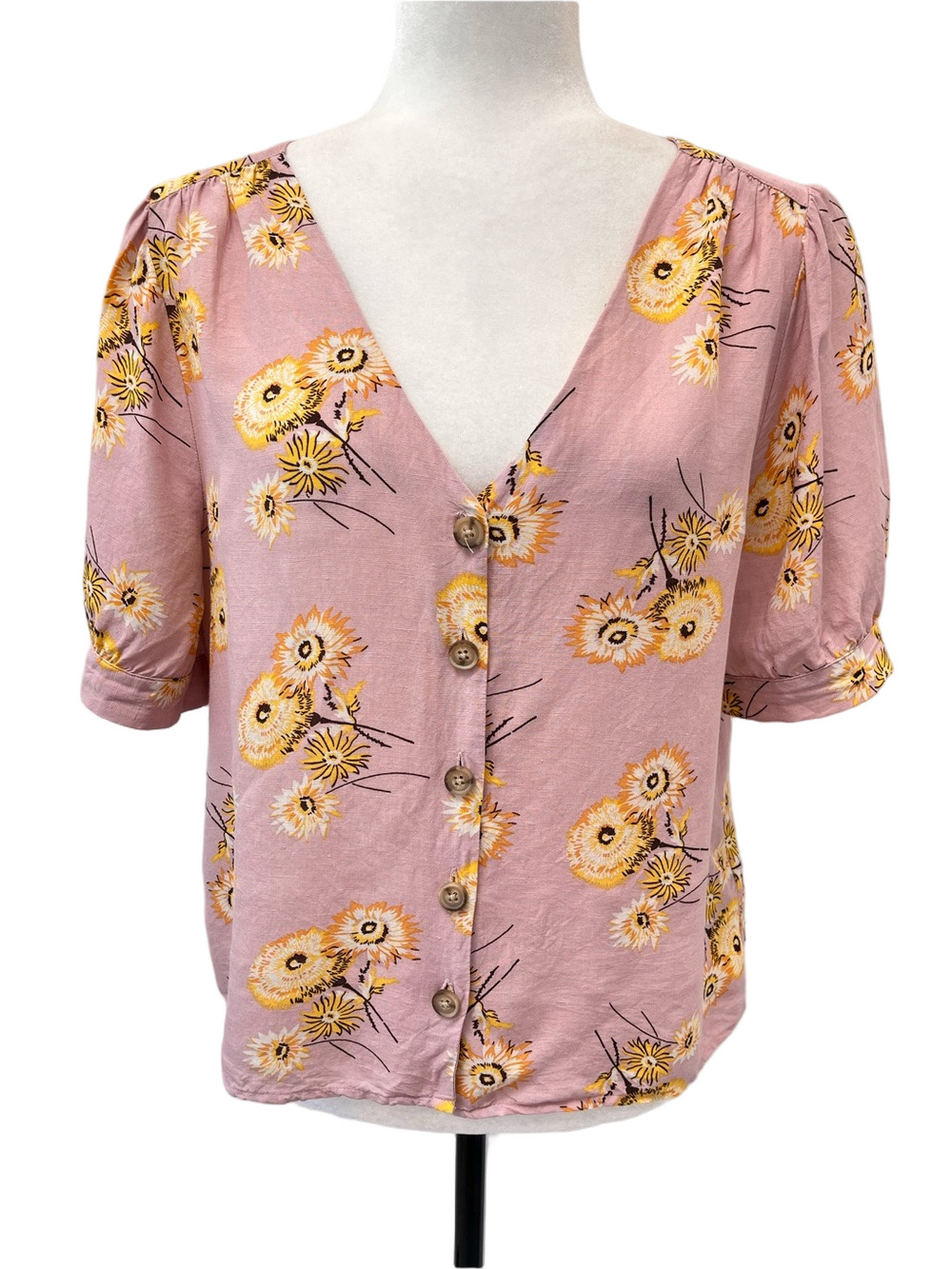 Madewell Linen Blend Floral V-Neck Blouse Top M Pink Yellow Cropped Boho Cottage